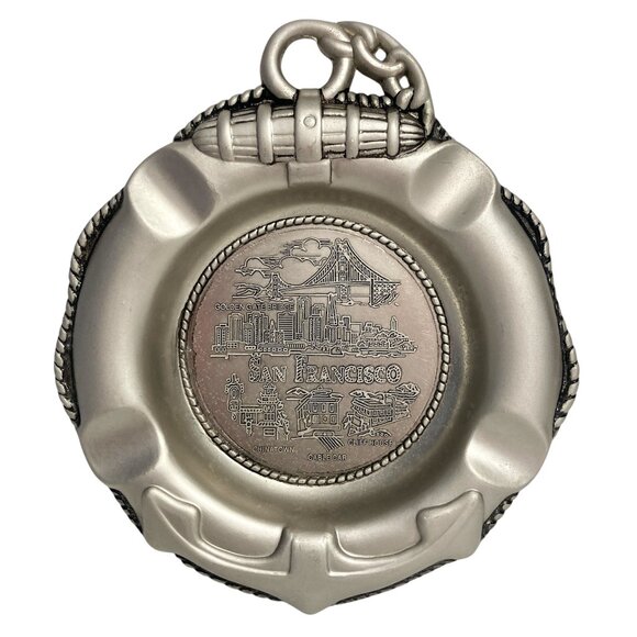 Vtg San Francisco Souvenir Ashtray Metal Golden Gate Chinatown Cable Cars Cliff - Picture 1 of 13